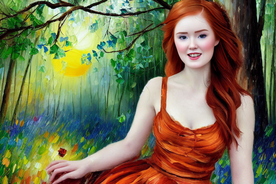 Red-haired woman in orange dress smiles in colorful forest with bright sun.