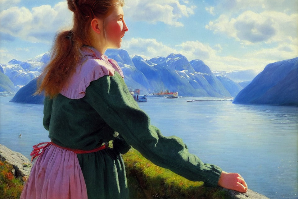 Traditional dressed woman by serene lake with mountains and boat in clear sky