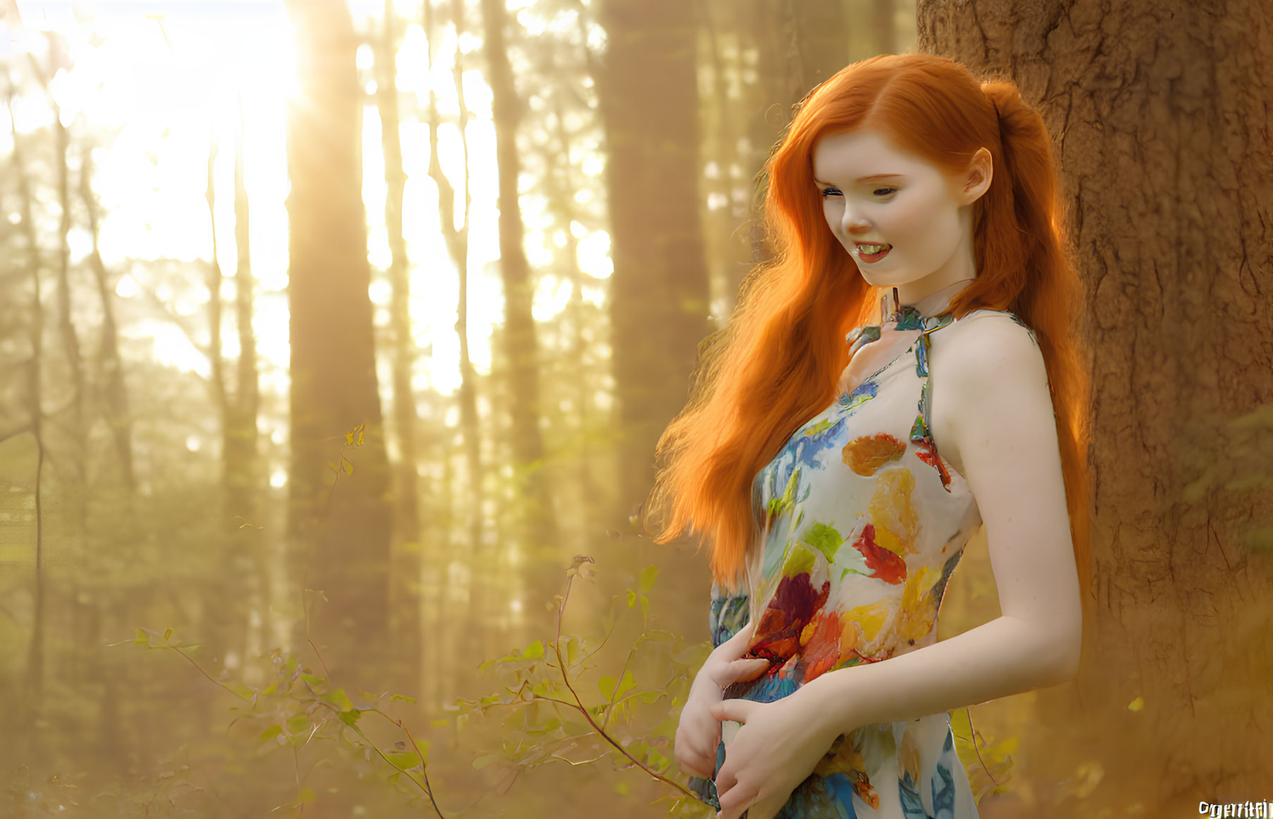 Red-haired woman in floral dress by tree in sunlit forest