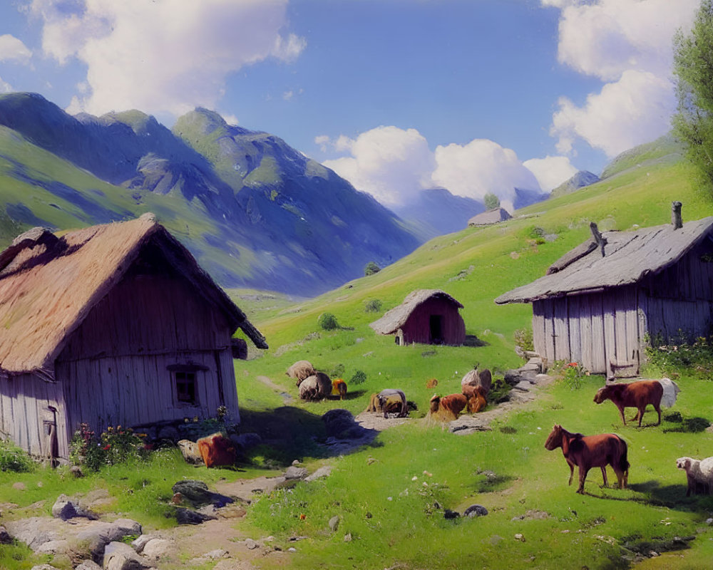 Rustic wooden cabins in lush alpine valley with grazing cattle and horses.