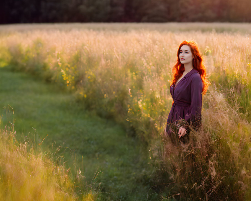 Red-haired woman in purple dress in sunlit field.