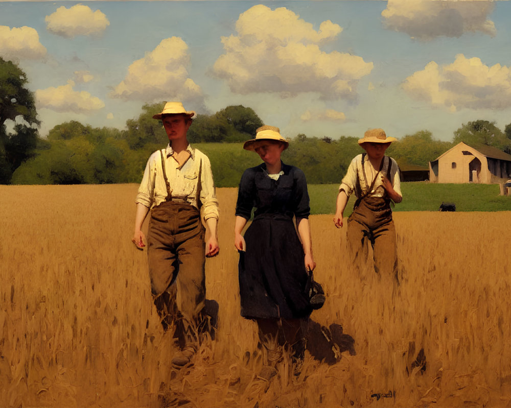 Three People Walking in Golden Wheat Field with Barn and Cloudy Sky