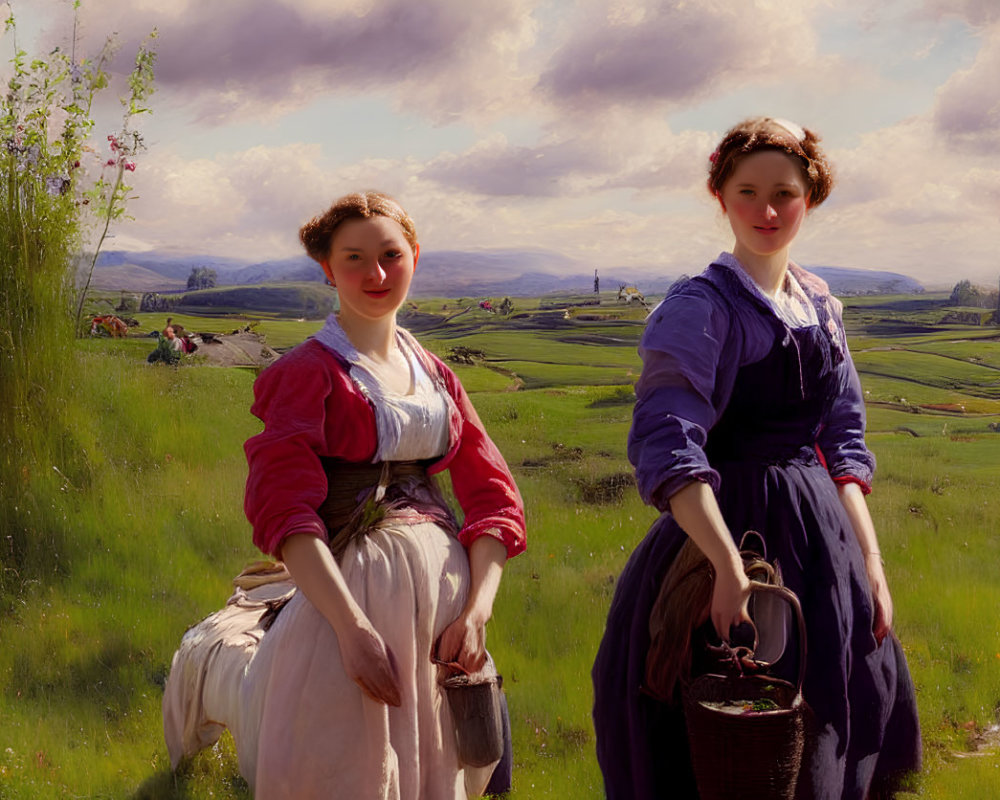 Traditional rural attire women in lush landscape with fields and mountains.