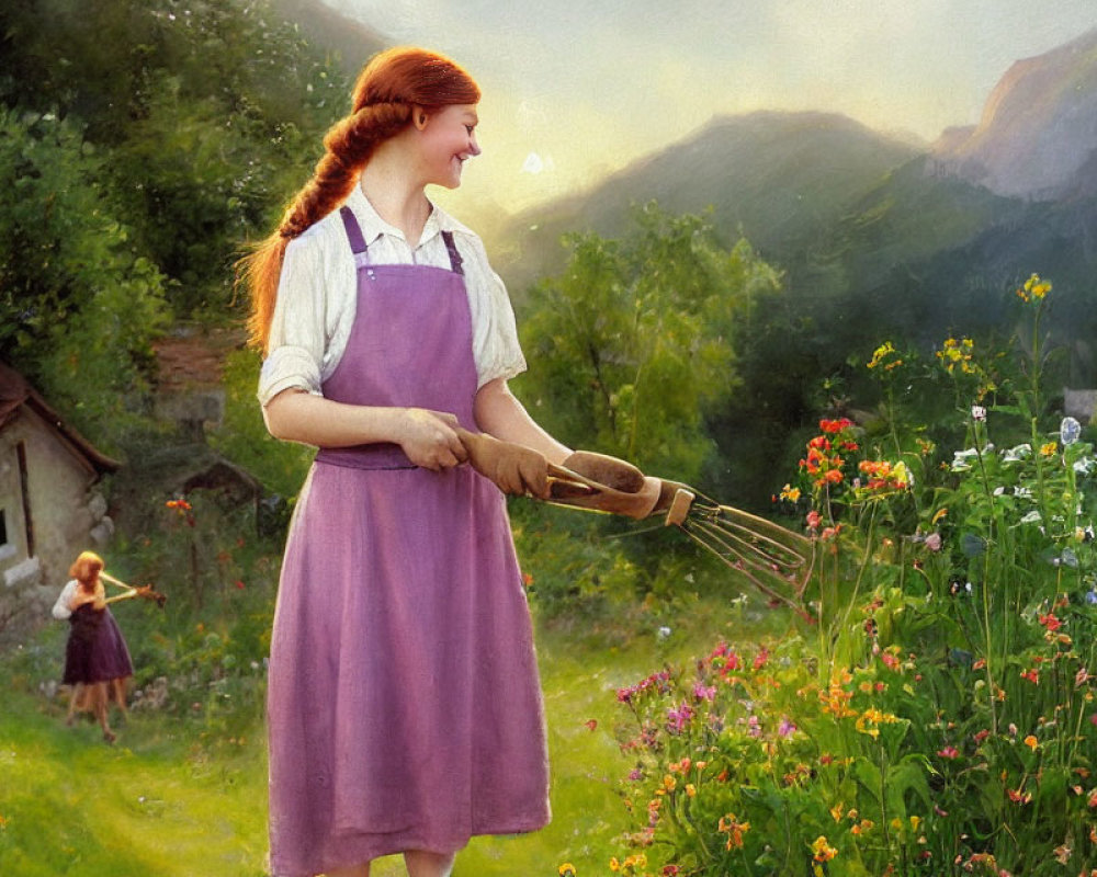 Red-haired woman in purple apron with rake in garden, child near cottage