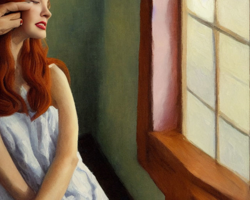 Red-haired woman in white dress by window with painting in background