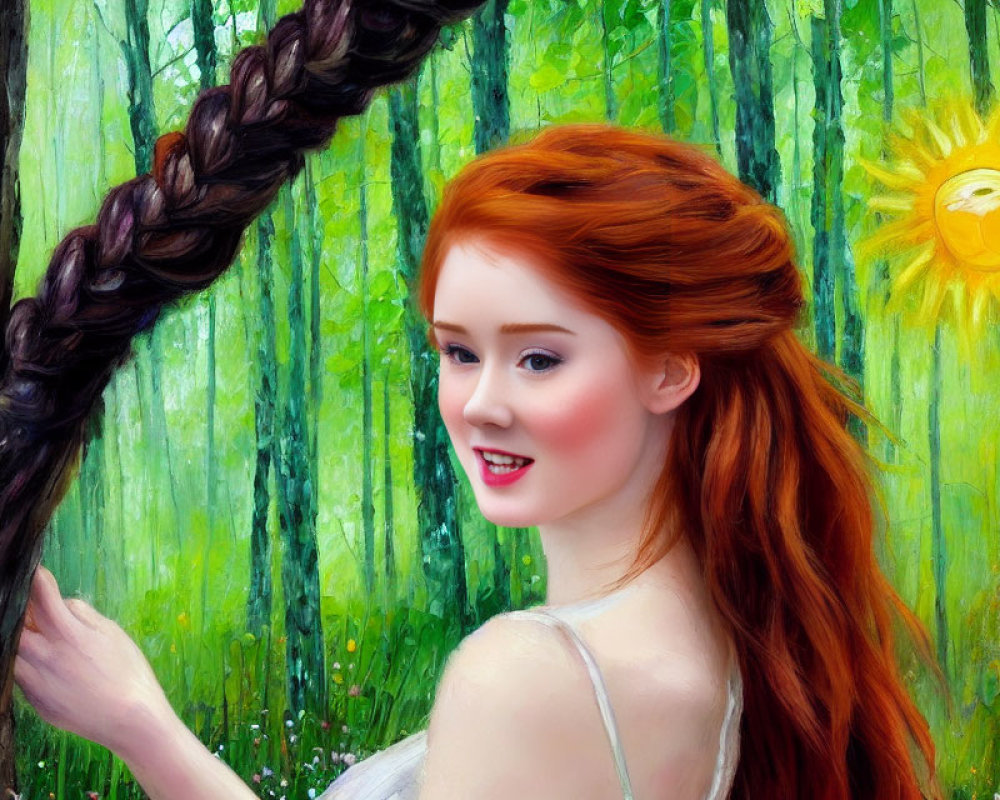 Red-haired woman smiling in whimsical forest with twisted tree branch and stylized sun.