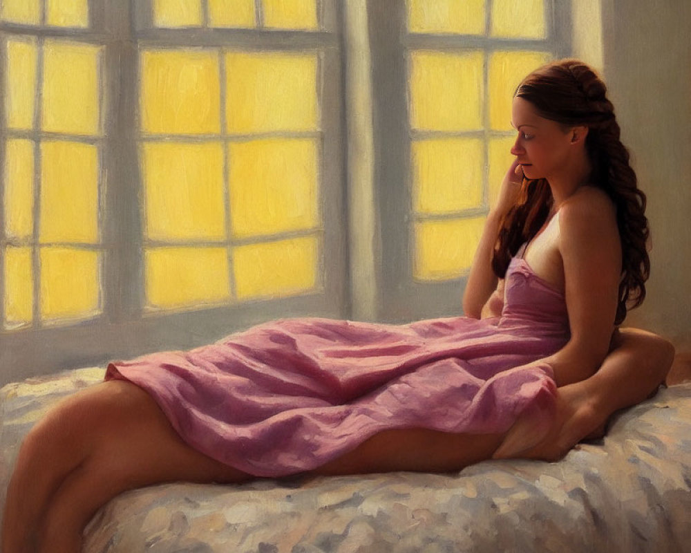 Woman in Pink Dress Sitting on Bed in Warm Light