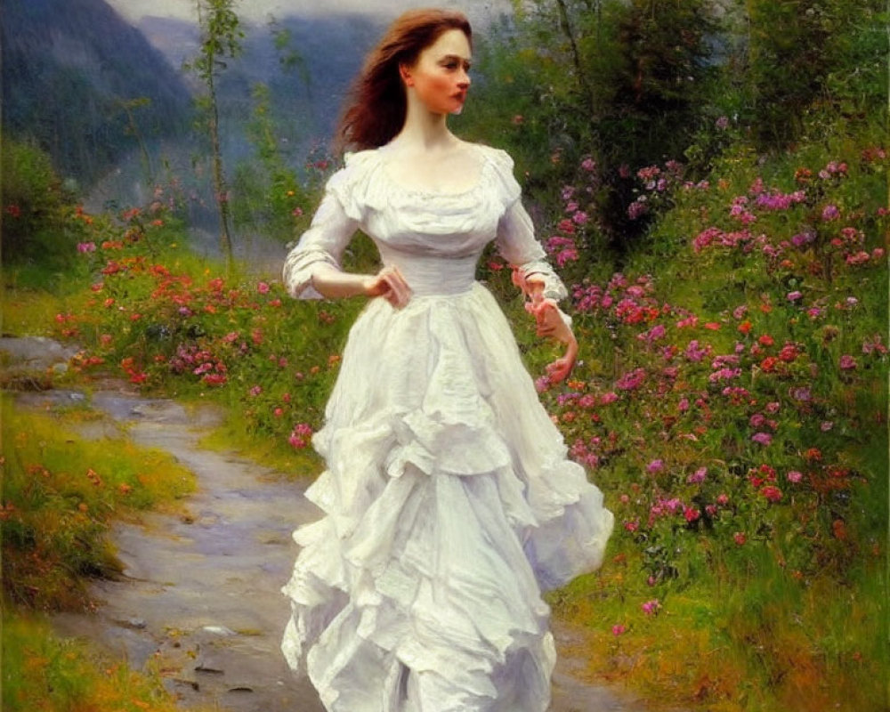 Woman in white vintage dress walking through lush garden with pink flowers