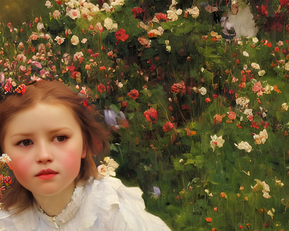 Young girl with fair skin in lush garden with colorful flowers and butterflies