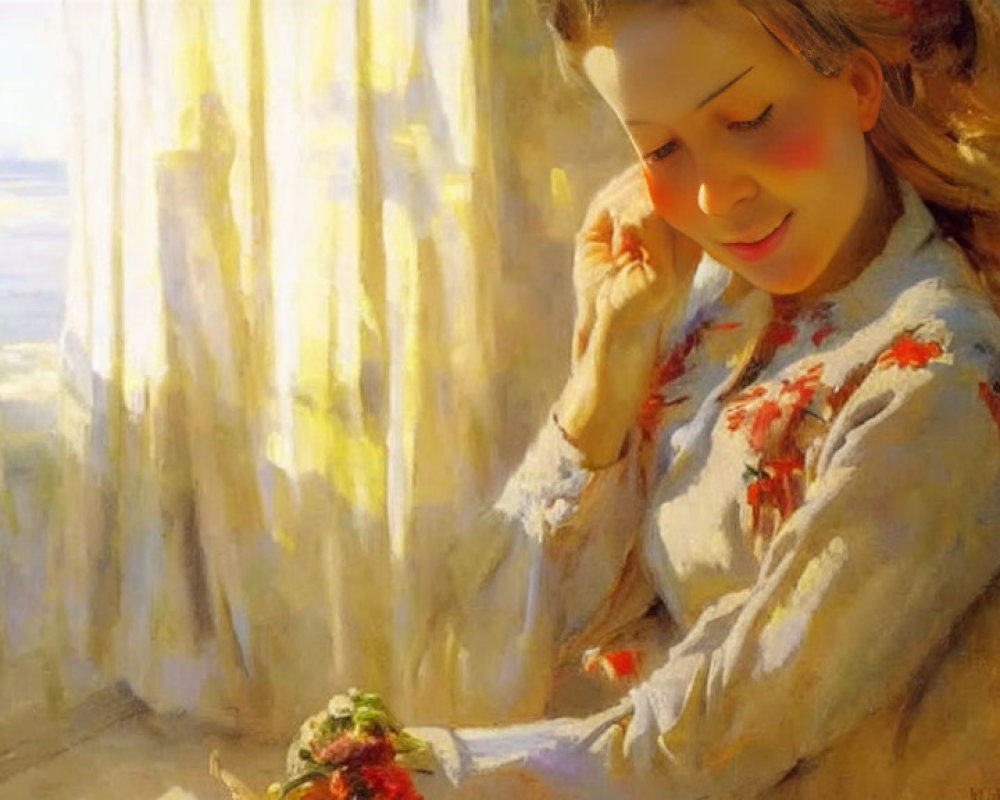 Portrait of a woman in white blouse with red flowers, smiling gently in sunlight.