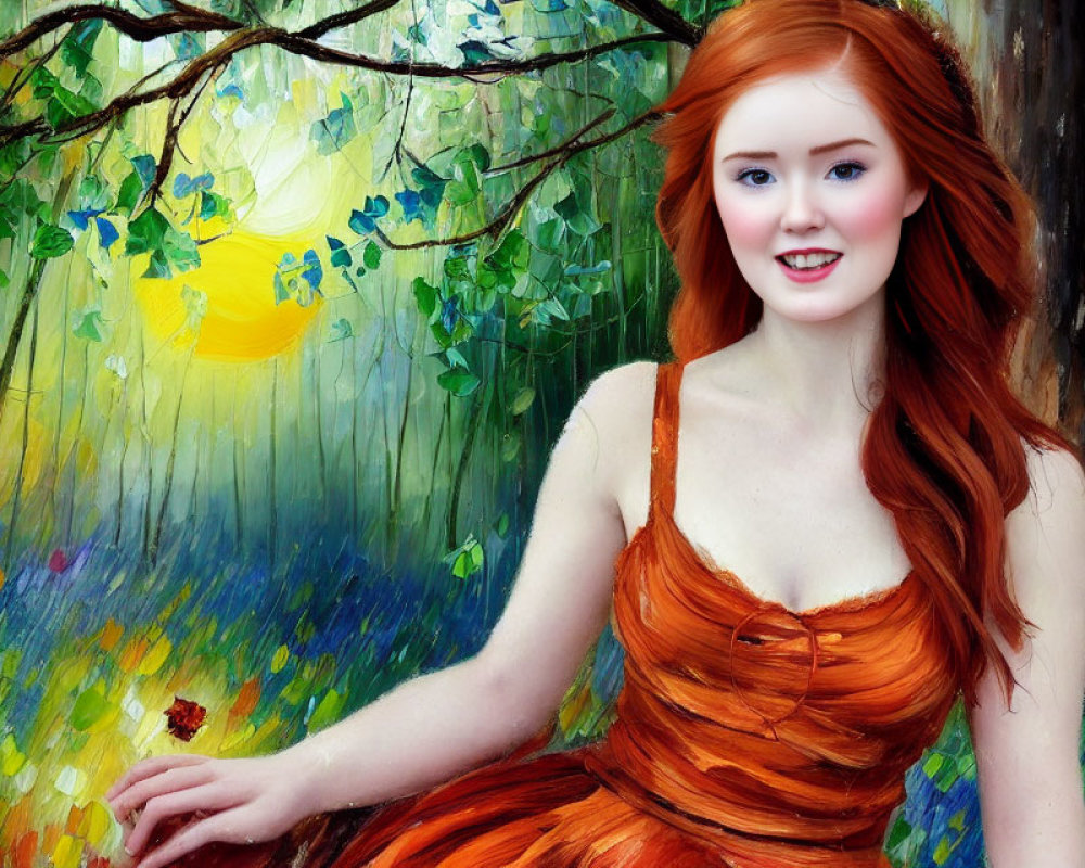 Red-haired woman in orange dress smiles in colorful forest with bright sun.