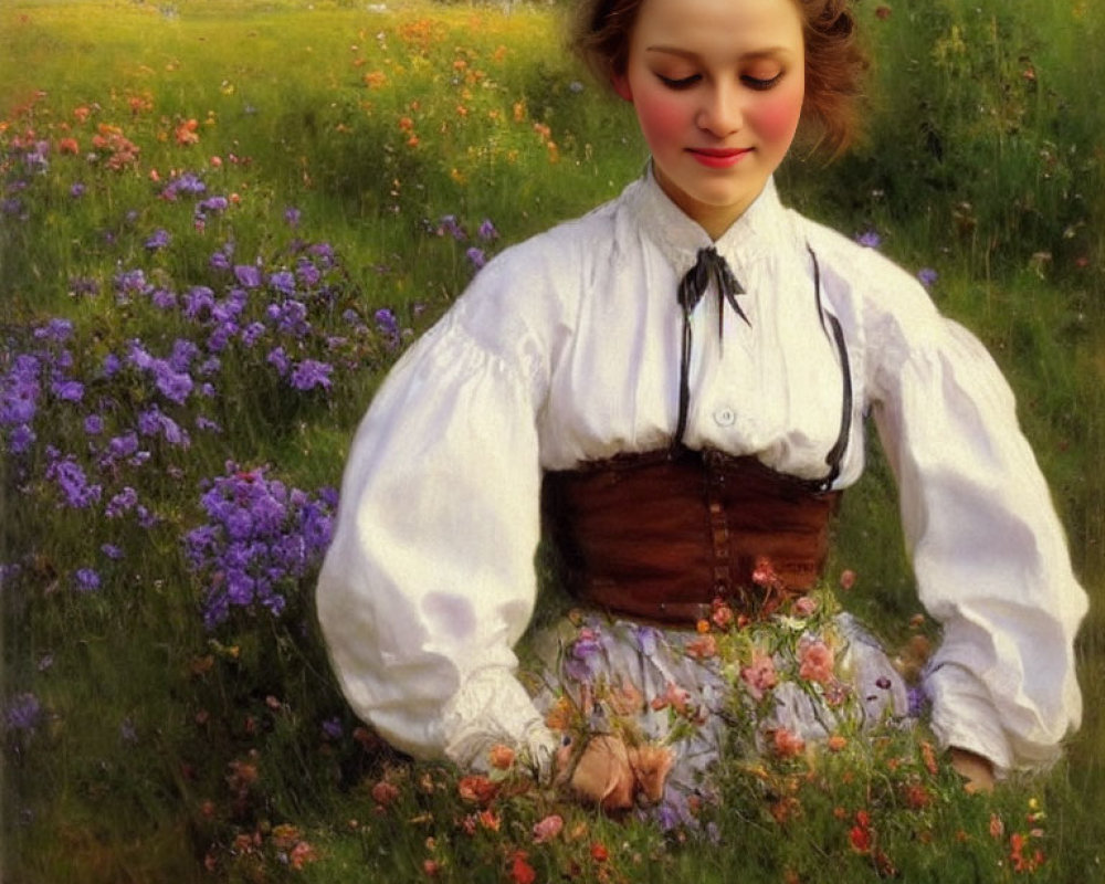 Young woman in traditional outfit sits in blooming meadow with flower wreath.