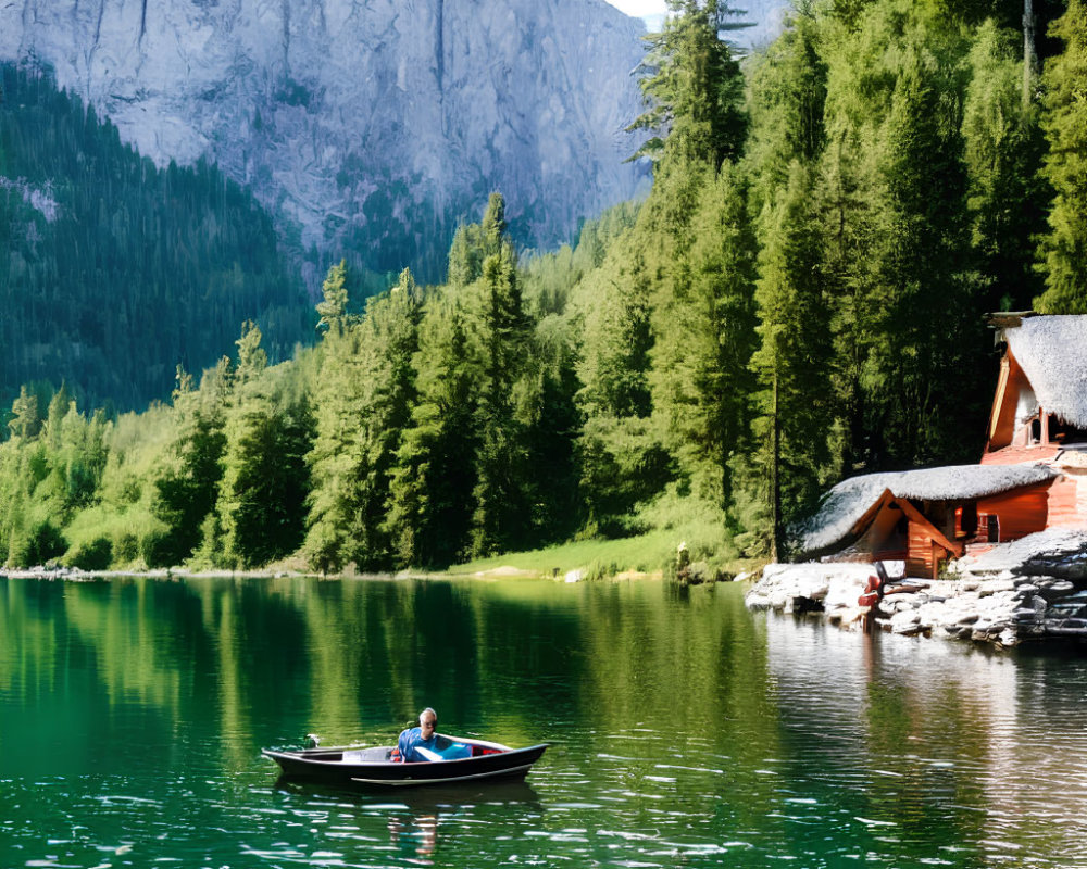 Rowboat on Alpine Lake with Cabin and Mountains