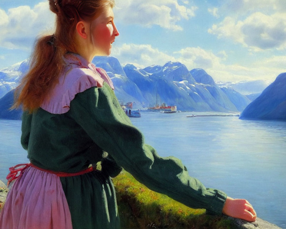 Traditional dressed woman by serene lake with mountains and boat in clear sky