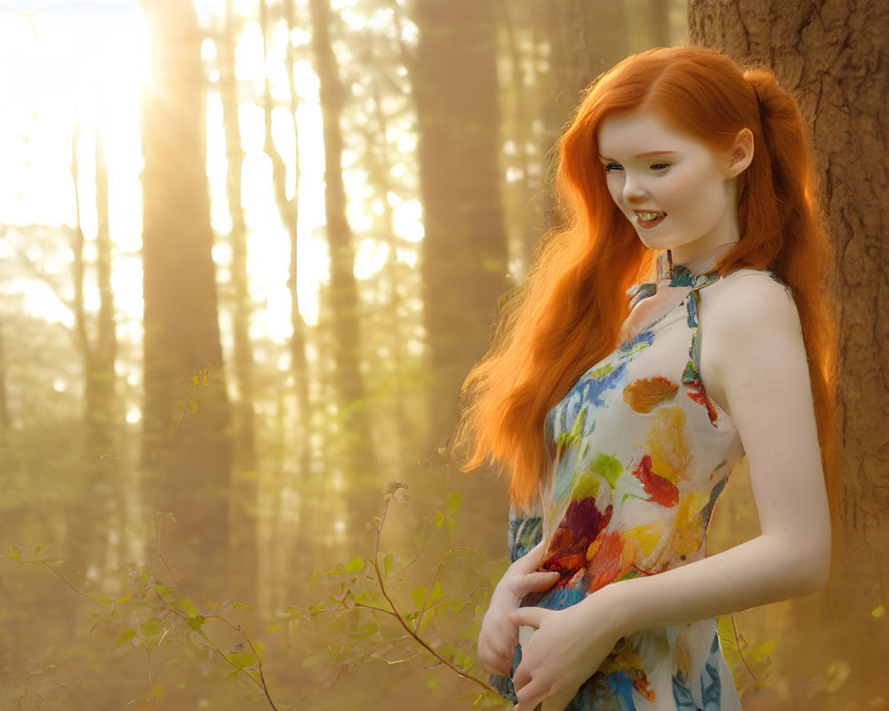 Red-haired woman in floral dress by tree in sunlit forest