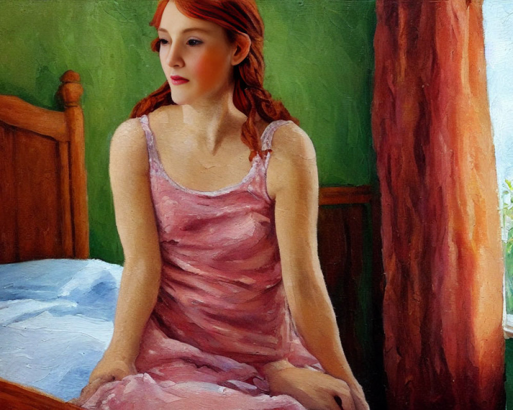 Red-haired woman in pink dress on wooden bed with painting-like texture