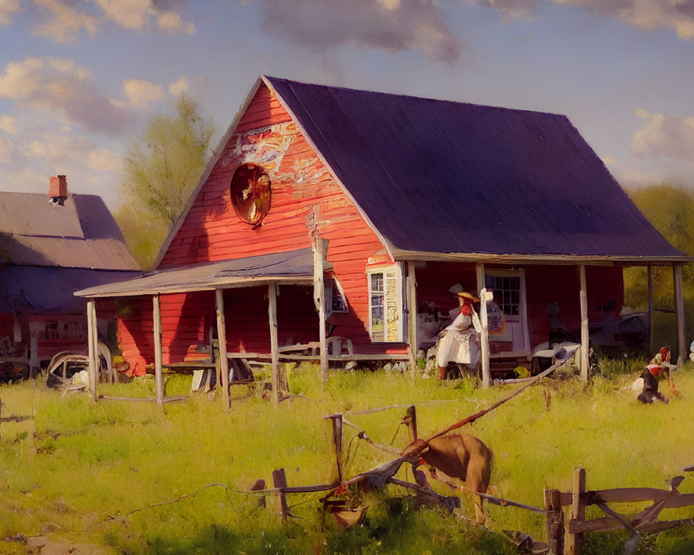 Vintage farm scene with red barn, people in old-fashioned attire, and blue sky.