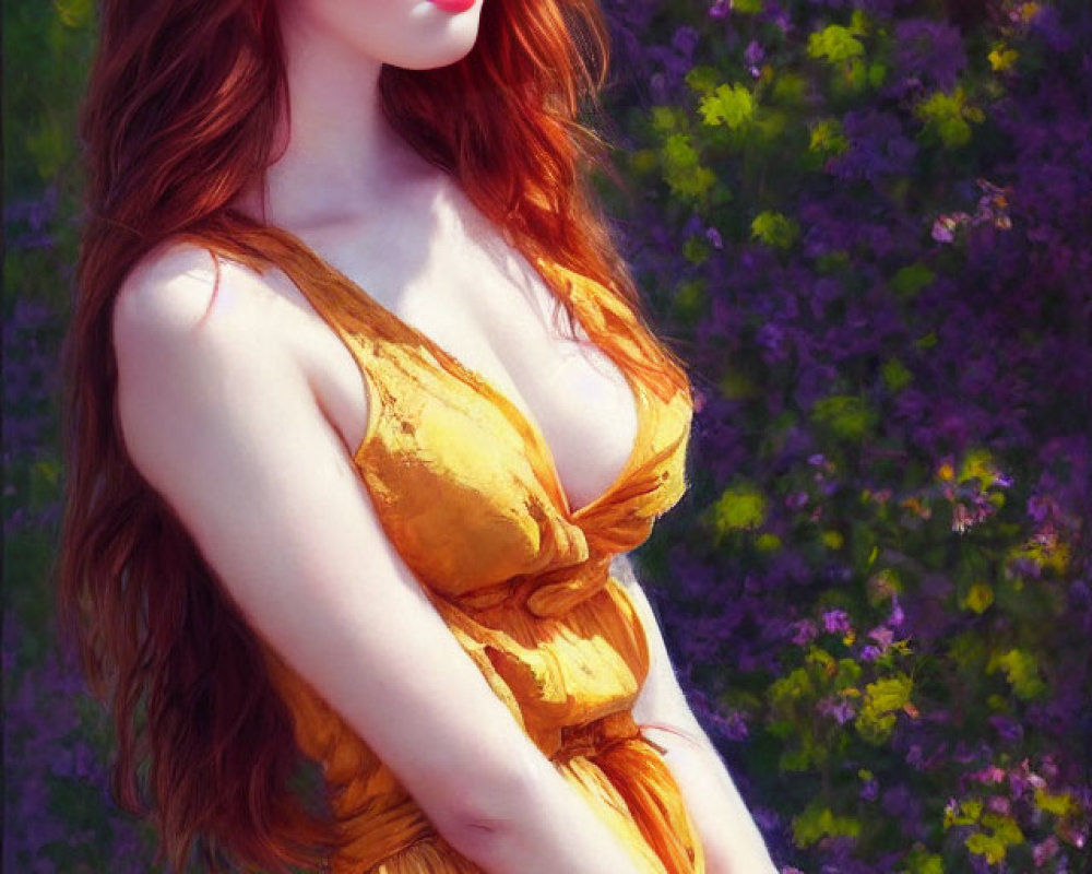 Woman with Long Red Hair in Yellow Dress Among Purple Flowers