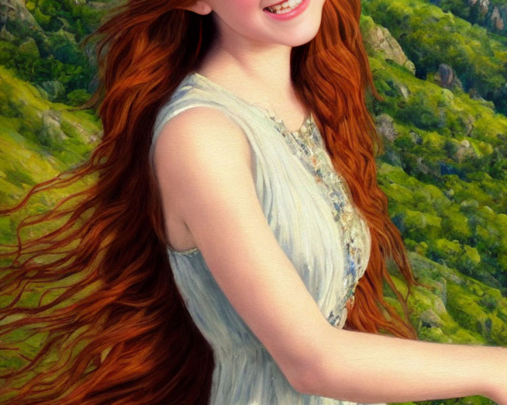 Smiling woman with red hair in white dress against green landscape