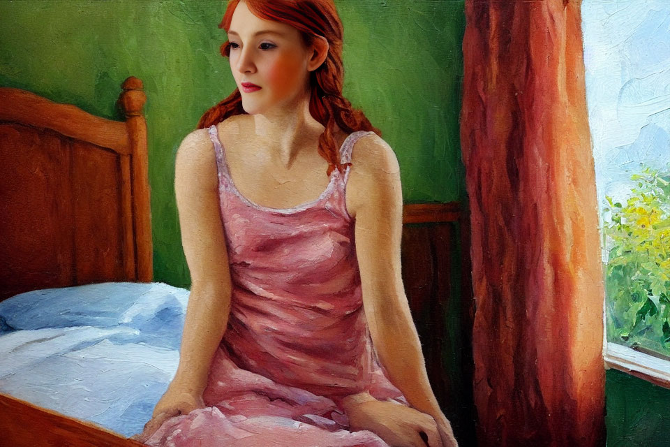 Red-haired woman in pink dress on wooden bed with painting-like texture