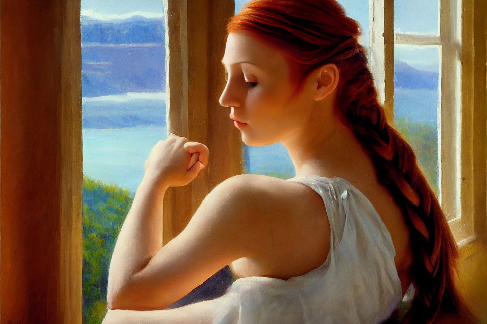 Red-haired woman gazes out sunny window in serene landscape