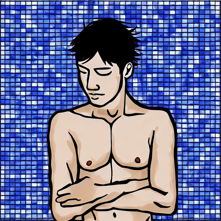 Shirtless Person with Crossed Arms on Blue Mosaic Background