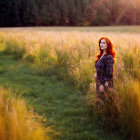 Red-haired woman in purple dress in sunlit field.