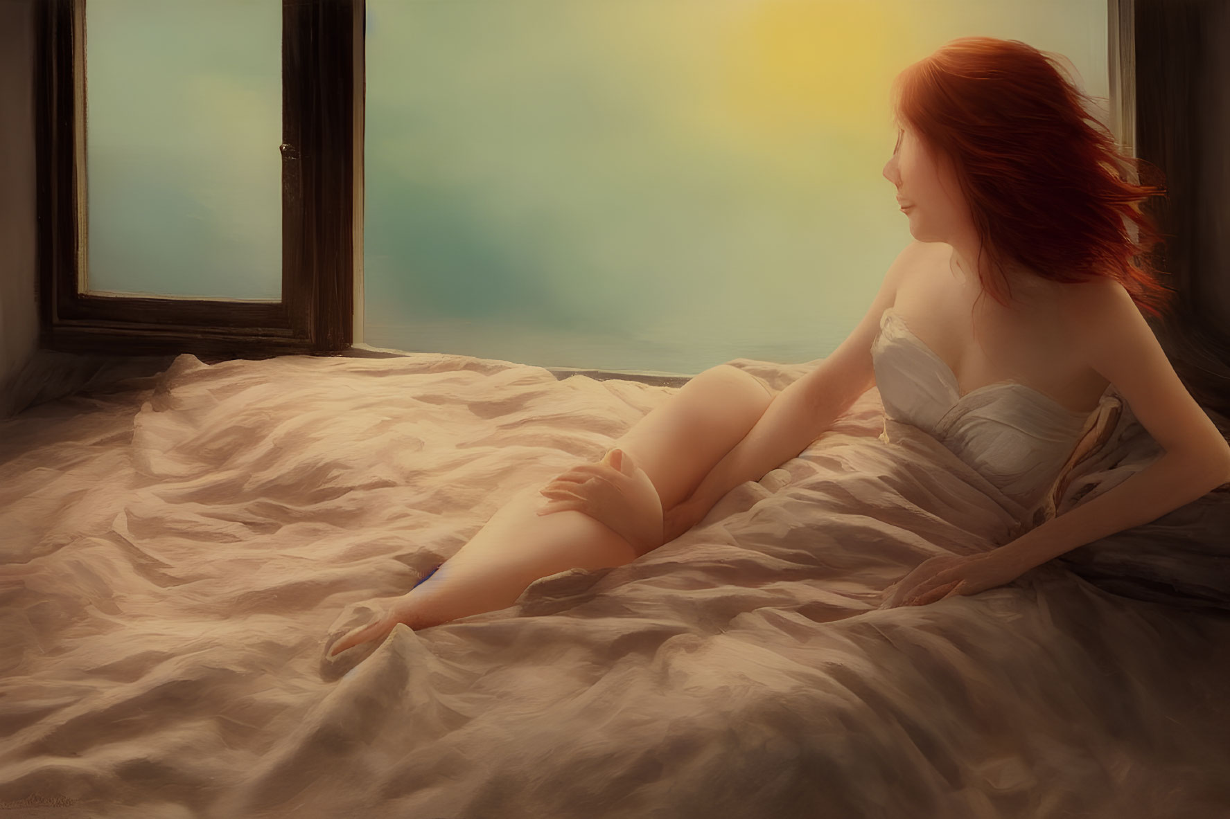 Red-haired woman sitting by window with thoughtful expression in warm light