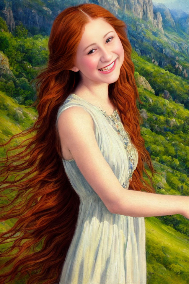 Smiling woman with red hair in white dress against green landscape