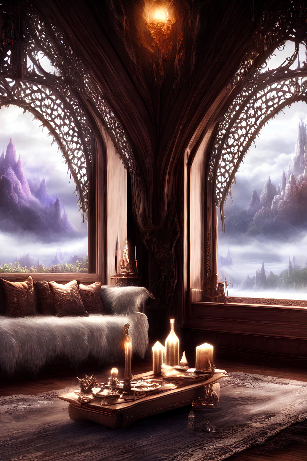 Cozy fantasy interior with large window, plush sofa, candles, wooden tray, and lanterns