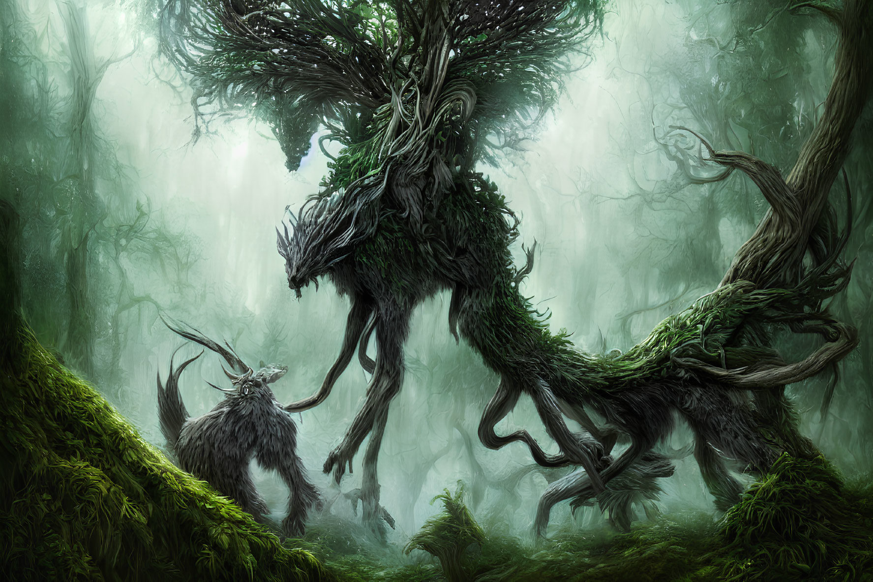 Mystical forest scene with deer and wolf-like trees in foggy green backdrop