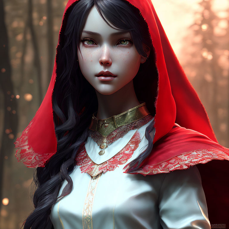 Digital artwork: Young woman in red hooded cloak, forest background