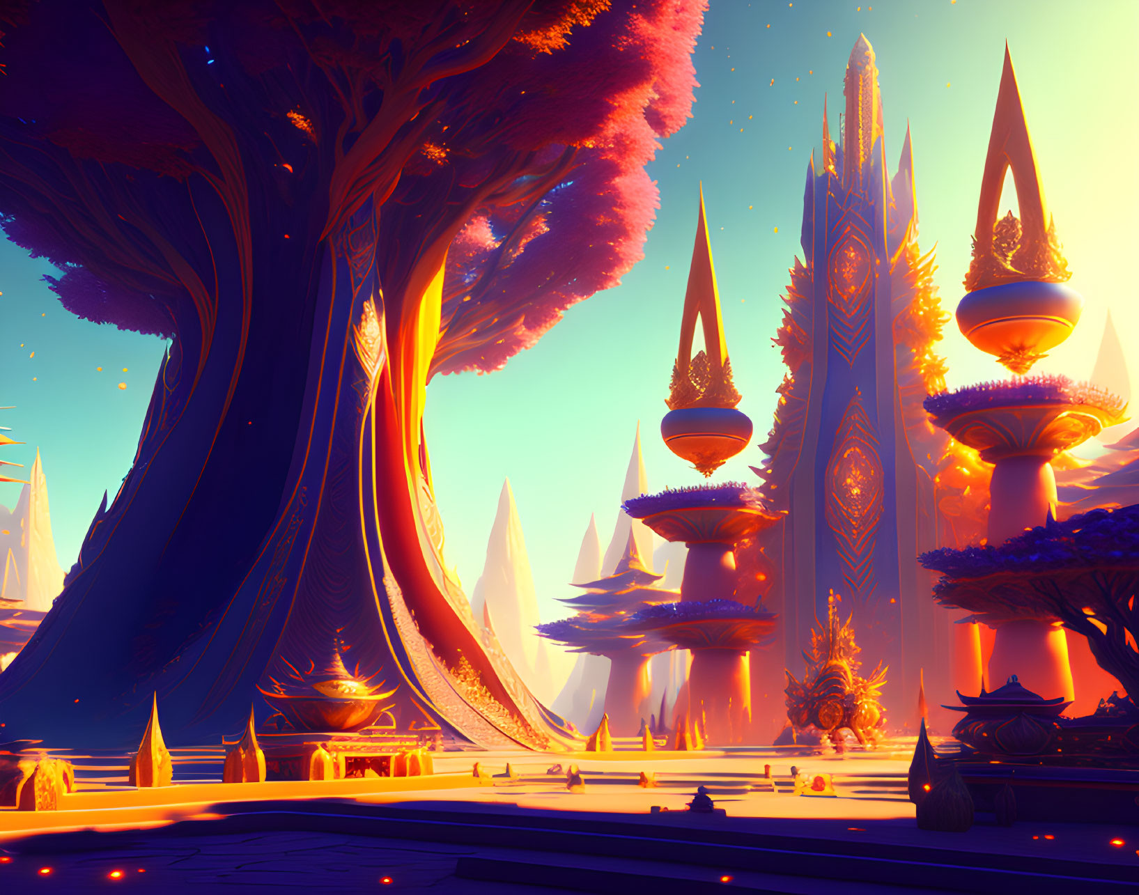 Alien landscape with spire-like structures and massive trees