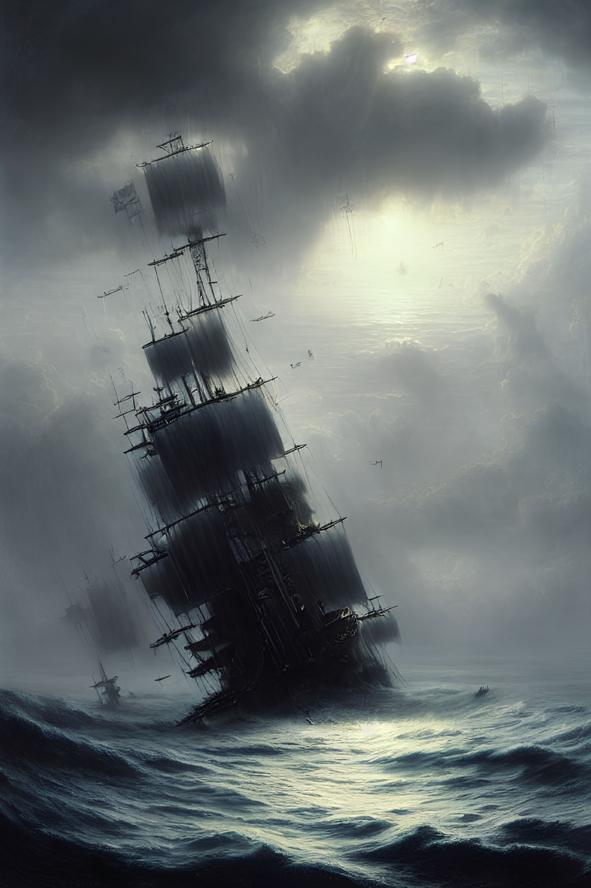 Ghostly tall ship emerges from misty darkness with tattered sails under brooding sky