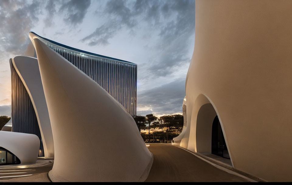 Flowing White Modern Architecture Against Evening Sky and Trees