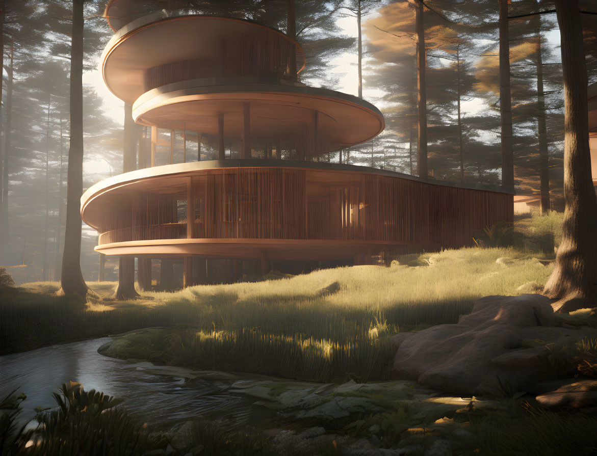 Cylindrical multi-floor wooden house in serene forest setting