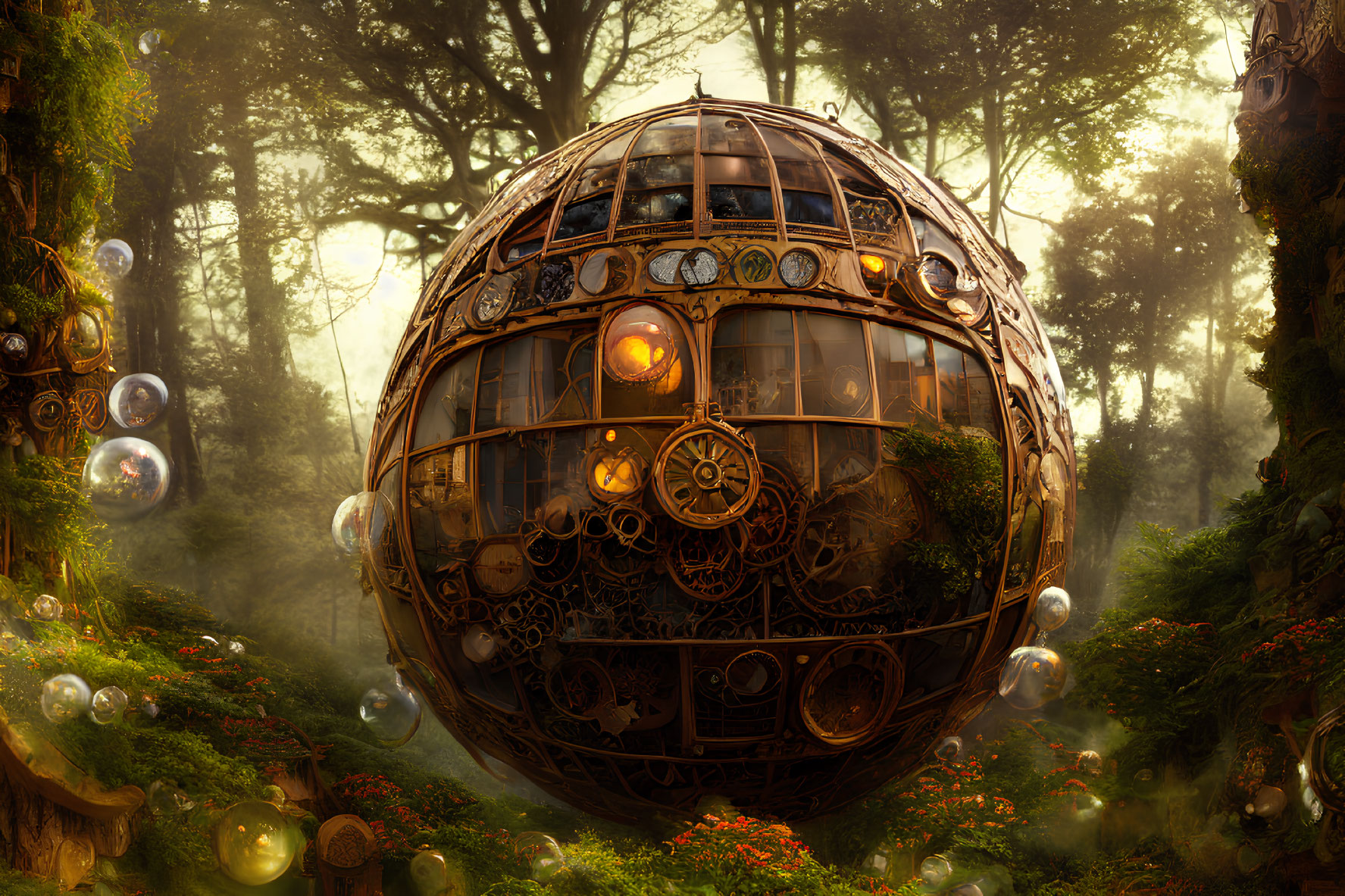 Steampunk-themed spherical structure in enchanted forest with floating bubbles