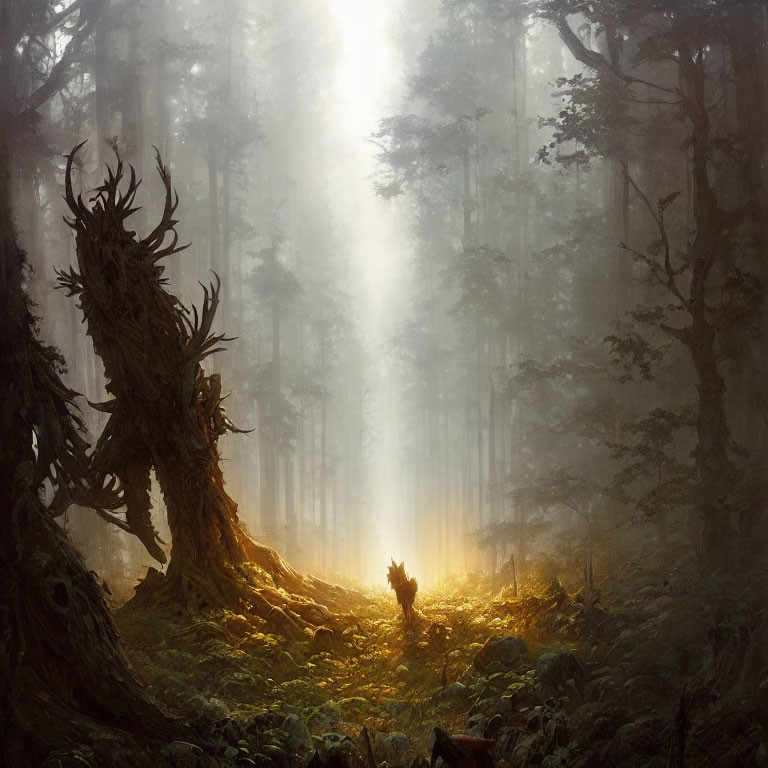 Sunlit mystical forest with ethereal glow, path, lone stag, ancient trees