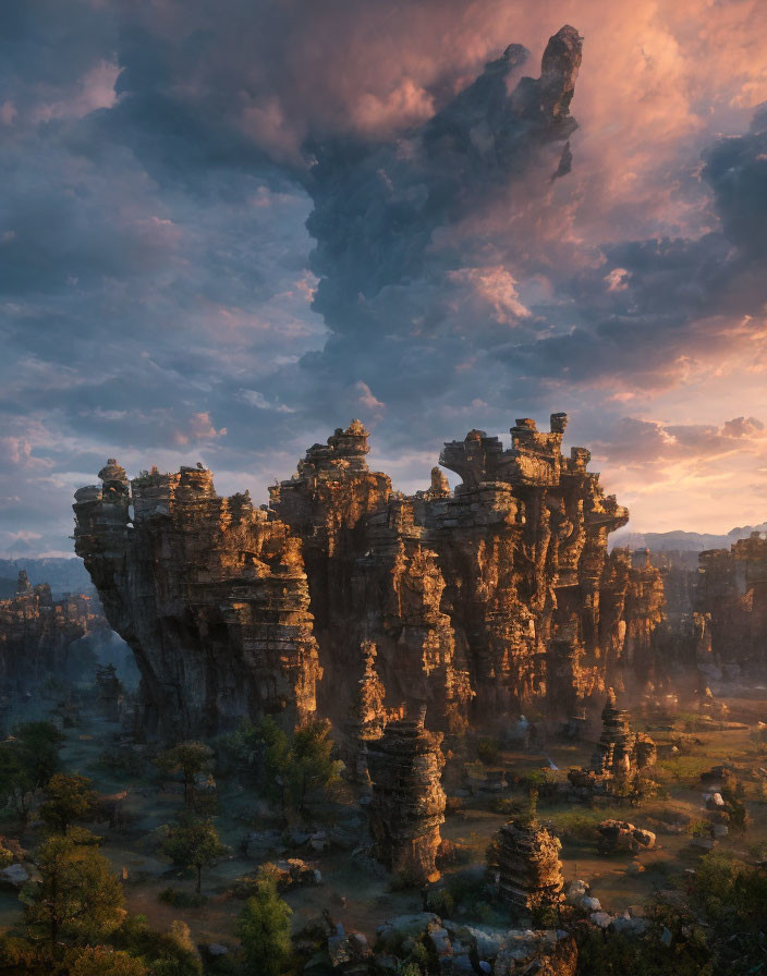 Dramatic Sky Over Majestic Rock Formations at Dusk