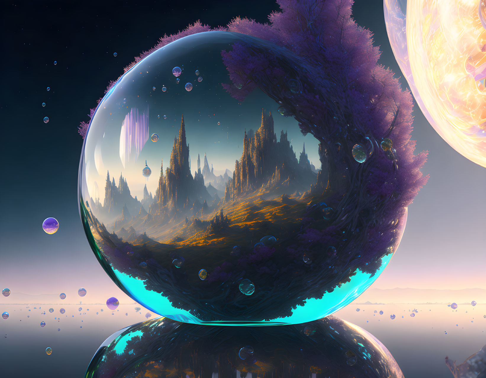 Fantastical landscape with crystal spheres and alien terrains in glowing sun.