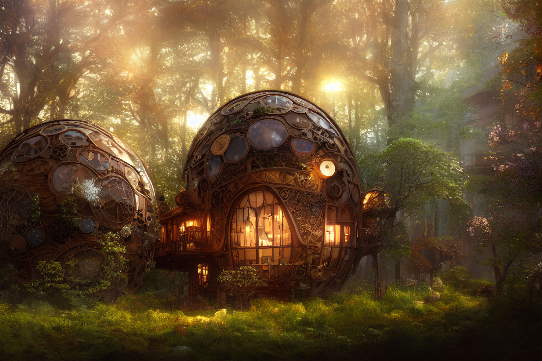 Spherical ornate houses in enchanting forest setting