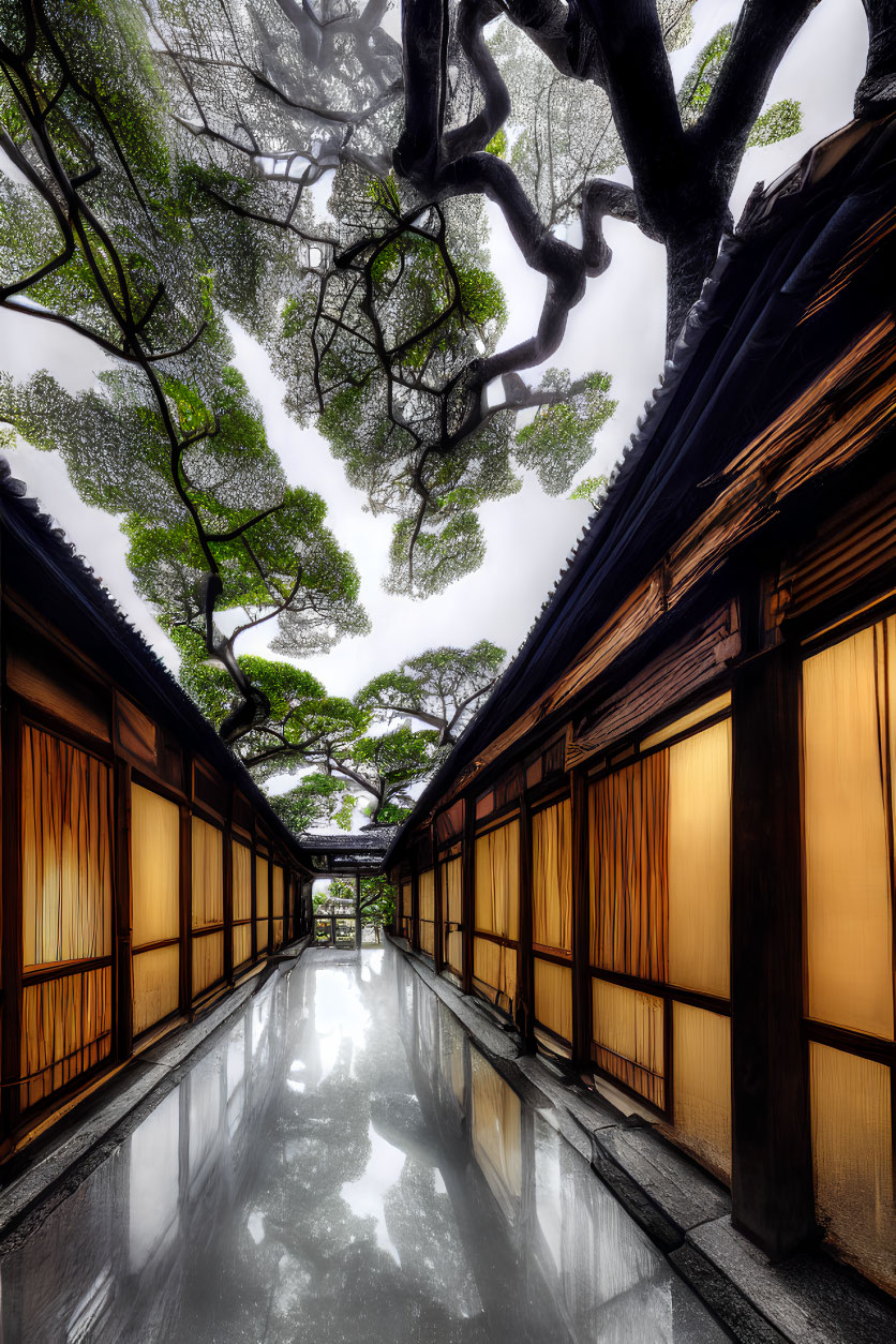 Tranquil corridor with glowing wooden walls and lush canopy overhead