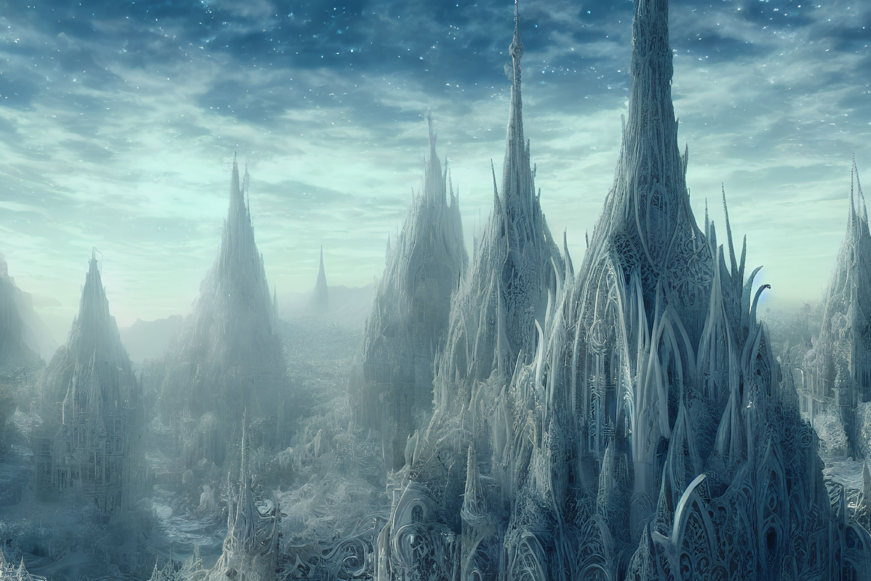 Mystical frost-covered landscape with spiky structures under starry night sky