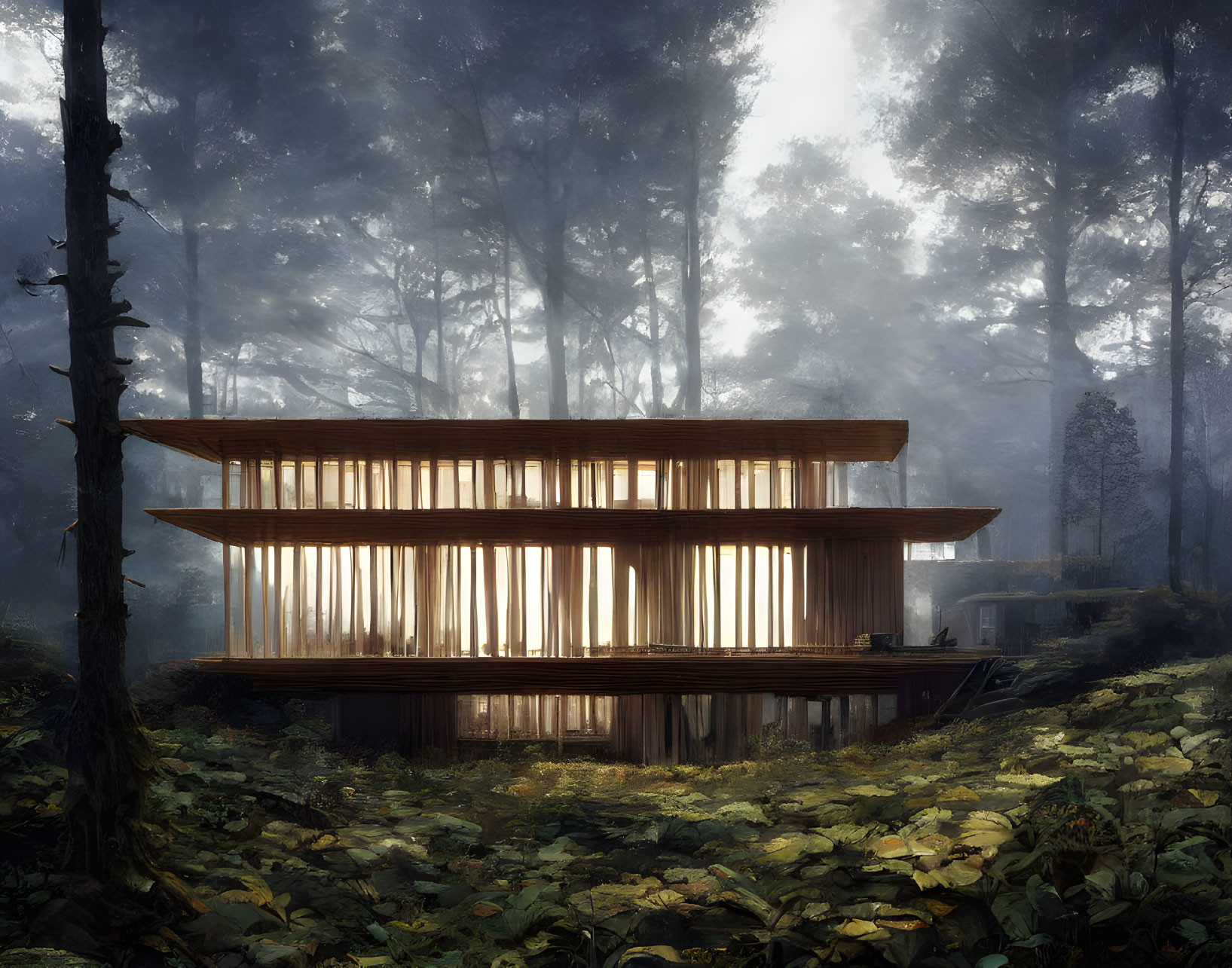 Modern wooden house with horizontal slats in forest clearing