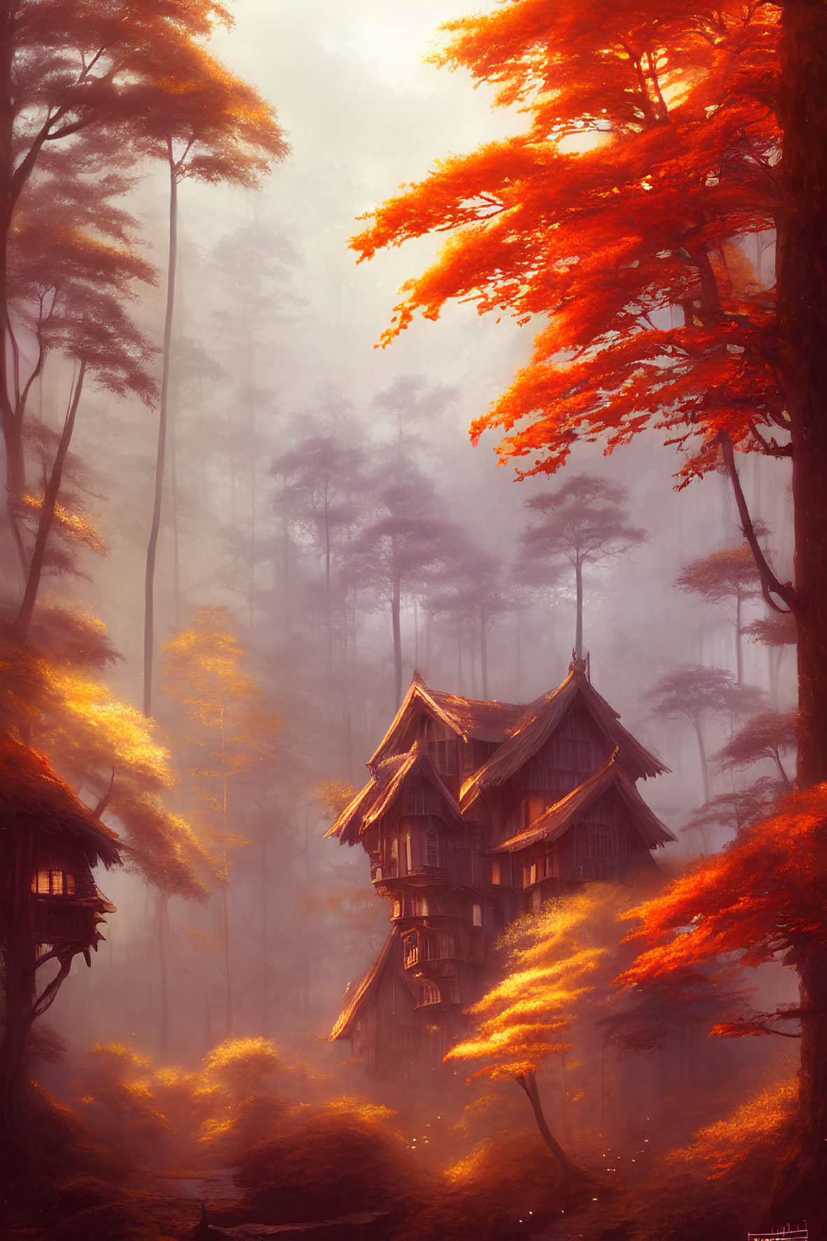 Traditional wooden house in mystical autumn forest with soft haze.