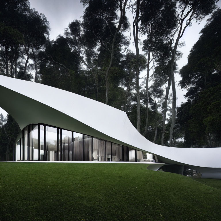 Curved White Building with Large Glass Windows in Forest Setting