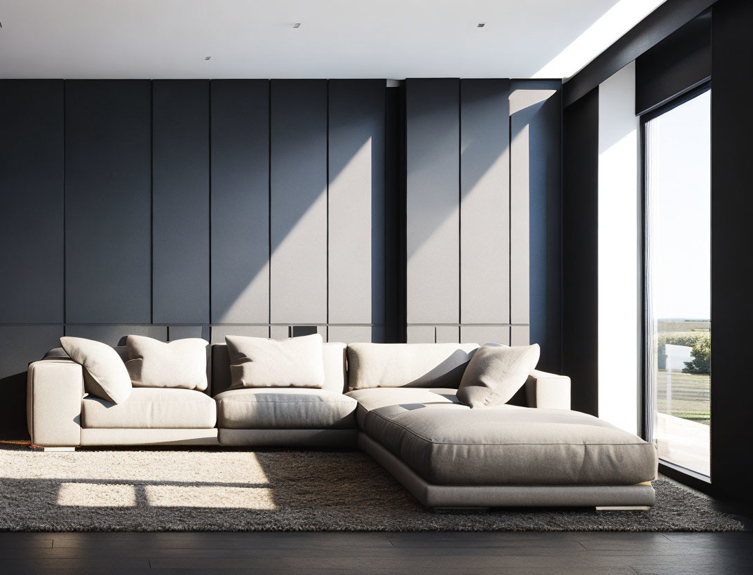 Spacious living room with beige sectional sofa, dark walls, and floor-to-ceiling windows