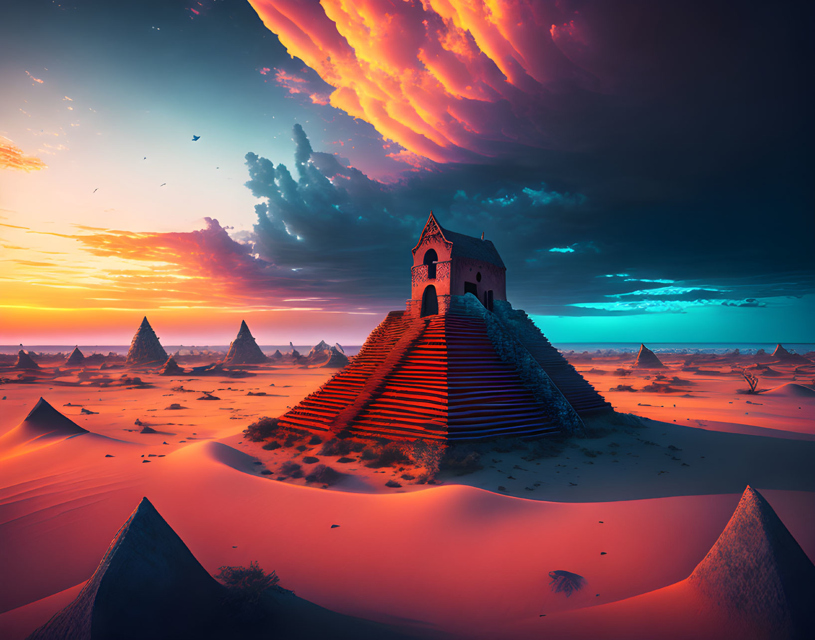 Ancient church on dune with pyramids in desert sunset