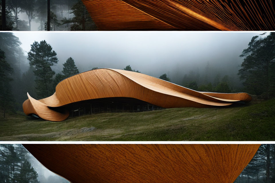 Unique Wooden Building Blends with Foggy Forest Landscape