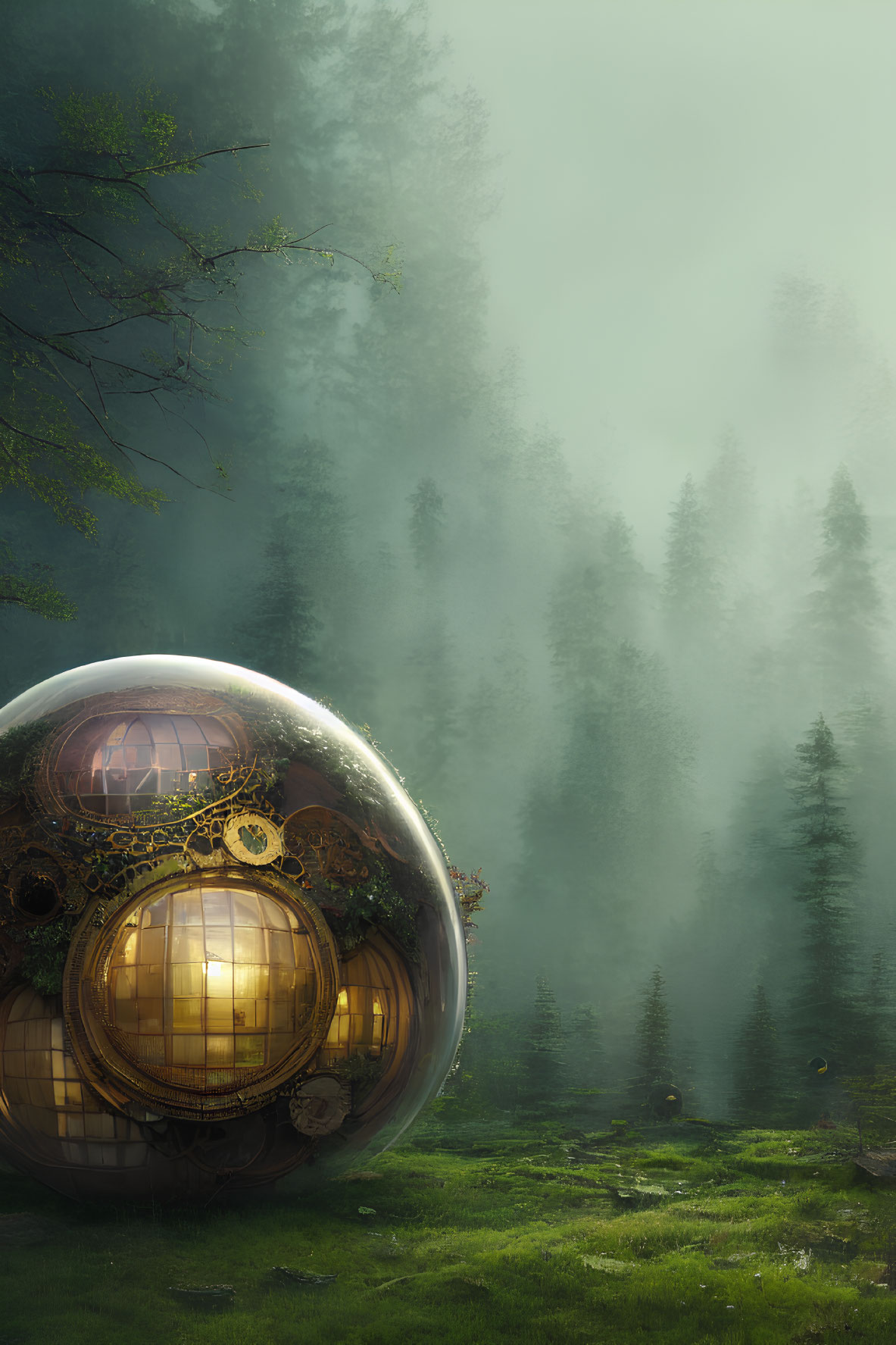 Intricate golden sphere in misty forest clearing